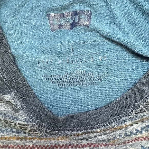 Levi’s Baseball T-shirt Mens L Blue Aztec Long Sleeve Raglan Crewneck Pocket - Picture 4 of 4